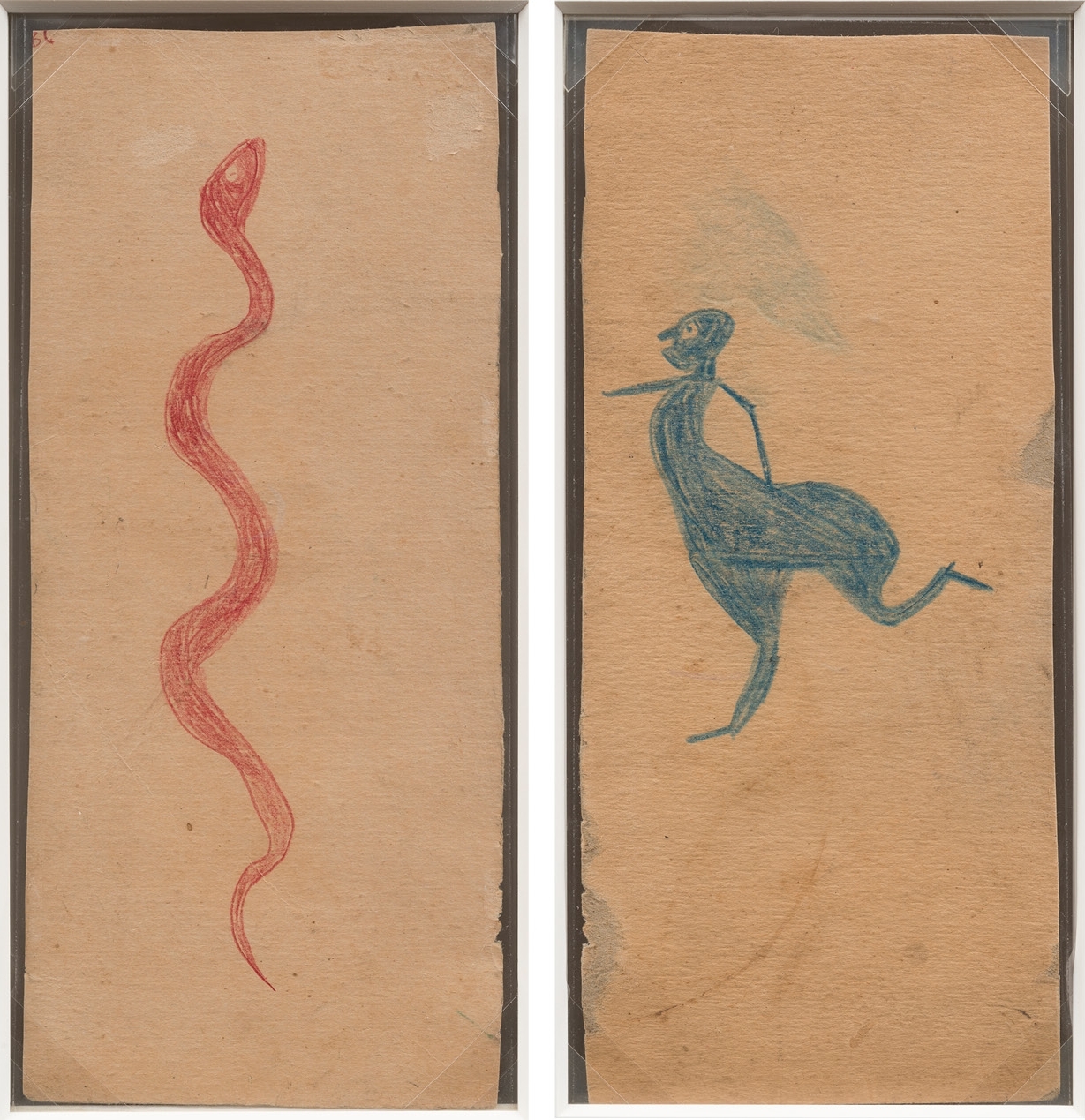 Bill Traylor,&amp;nbsp;Red Snake/Blue Man, 1939&amp;ndash;42;&amp;nbsp;colored pencil on cardboard,&amp;nbsp;10 3/4h x 4 3/4w in/&amp;nbsp;27.31h x 12.07w cm

Inquire